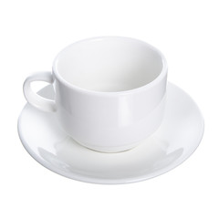 Empty white coffee cup mug with saucer on white background isolation