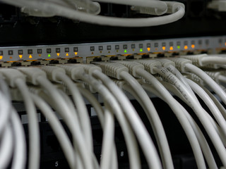 Wired Ethernet LAN network switch with blinking lights