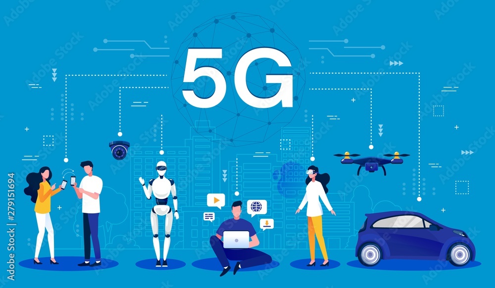 Poster 5g concept. cartoon infographic of a 5g wireless network using mobile wireless technology for faster