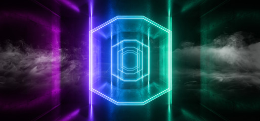 Obraz premium Smoke Sci Fi Futuristic Neon Purple Blue Lights Glowing Lasers Tunnel Room Underground Spaceship Dark Empty Grunge Concrete Reflective Virtual Reality Graphic Background 3D Rendering