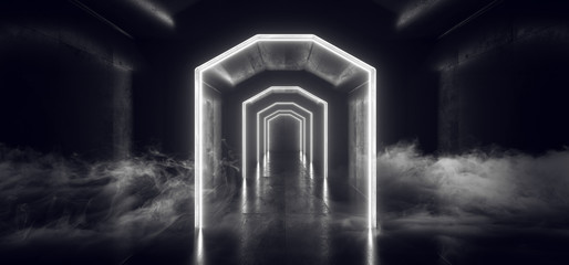Sci Fi Futuristic Neon White Lights Glowing Lasers Tunnel Room Underground Spaceship Dark Empty Grunge Concrete Reflective Virtual Reality Graphic Background 3D Rendering