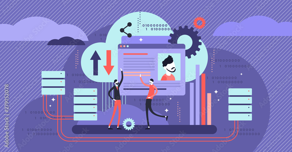 Poster database vector illustration. flat tiny persons virtual information concept