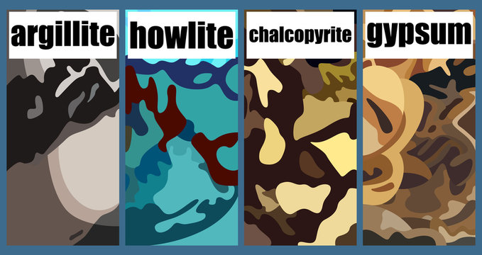 Set of square brochures with the image of the surface of the four minerals. Rectangle template brochure, report, catalog, magazine. Abstract background.