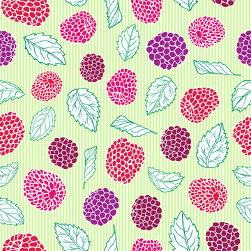 Berries and pinstripes seamless pattern background design. Summer fruit berry print. © KaliaZen