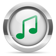 Melody icon.White metal internet button. Glass with green icon, vector.