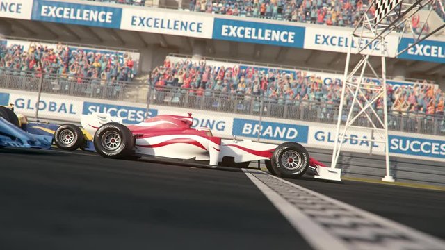 Side view of three generic formula one race cars driving across the finish line in slow motion - realistic high quality 3d animation - my own car design - no copyright/trademark infringement