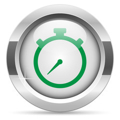 Timer icon.White metal internet button. Glass with green icon, vector.