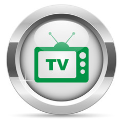 TV icon.White metal internet button. Glass with green icon, vector.