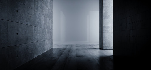 Elegant Grunge Concrete Big Hall Room Corridor Cement Tunnel Garage Gallery Empty Dark Light Path Underground Reflective Rough Sci Fi 3D Rendering