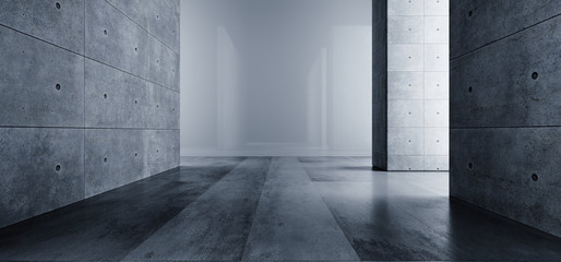 Elegant Grunge Concrete Big Hall Room Corridor Cement Tunnel Garage Gallery Empty Dark Light Path Underground Reflective Rough Sci Fi 3D Rendering