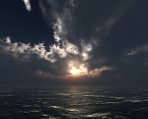 Storm clouds over the rolling sea at sunset, 3d rendering