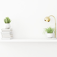 Interior wall mockup with plants in pots, lamp and pile of books standing on empty white background. 3D rendering, illustration.