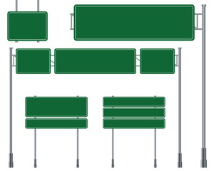 Green traffic signs isolated on a white background. Set of road signs.
