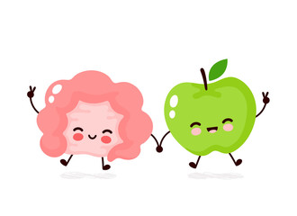 Cute happy smiling intestine and apple