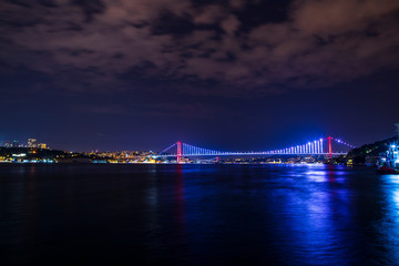 Istanbul Bosphorus Bridge at night. 9th July Martyrs Bridge. Istanbul / Turkey
