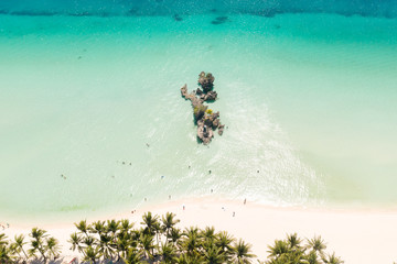White sand beach and lagoon with turquoise water, aerial view. Coast of the island of Boracay,...