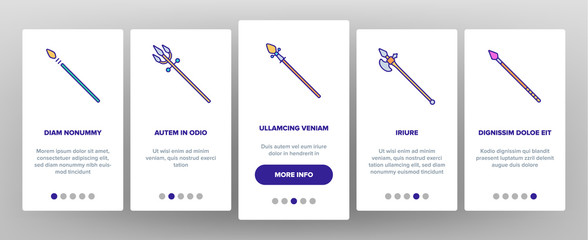 Ancient Spears Weapon Vector Onboarding Mobile App Page Screen. Medieval Spears, Arrows. Fighting, War And Battle Outline. Antique Soldiers And Warriors Armour Isolated Illustrations