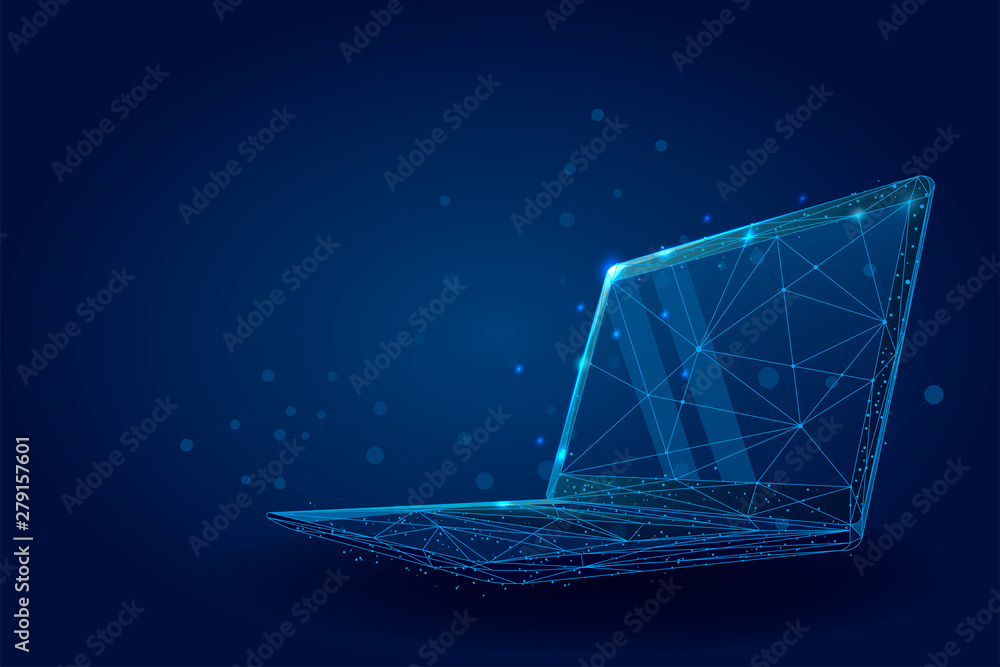 Aufkleber low poly wireframe laptop. plexus lines and points vector illustration