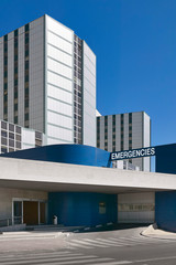 Hospital building emergency entrance. Medical center exterior. Healthcare