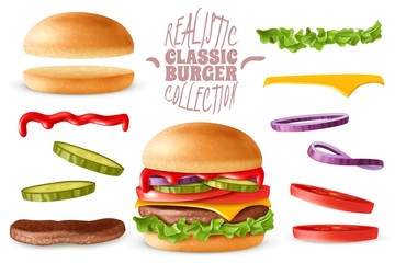 Realistic classic burger elements set - obrazy, fototapety, plakaty