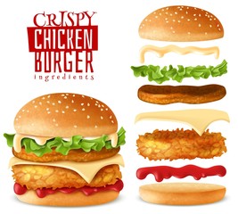 Realistic crispy chicken burger elements set