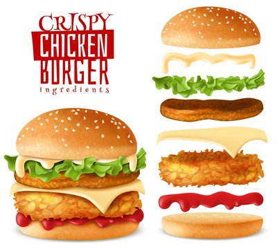 Realistic crispy chicken burger elements set