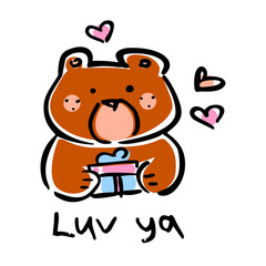 Vector illustration, line hand drawn brown bear with a gift and heart signs and lettering “LUV YA”. Applicable for Saint Valentine’s Day concepts, love designs, greeting cards, banners, flyers etc.