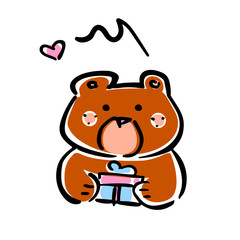 Vector illustration, line hand drawn brown bear with a gift and heart signs. Applicable for Saint Valentine’s Day concepts, love designs, greeting cards, banners, flyers etc.