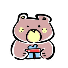 Vector illustration, line hand drawn brown bear with a gift. Applicable for free gift promo concepts, celebration designs, greeting cards, banners, etc.