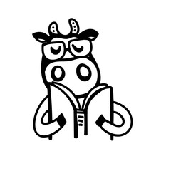 Vector illustration, line cartoon cow wearing glasses and reading book. Hand drawn, isolated. Applicable for package, poster, label designs, banners, flyers etc.