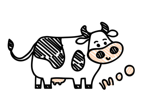Vector illustration, line cartoon sketched standing spotted cow. Hand drawn, isolated. With "MOO" lettering. Applicable for package, poster, label designs, banners, flyers etc.