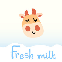 Vector illustration, flat cartoon ginger cow face with milk. Hand drawn, gradiented. With 