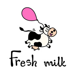 Vector illustration, line, colored running or flying spotted cow with air balloon. Hand drawn, isolated, with 