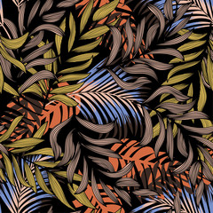 Summer abstract seamless pattern with colorful tropical leaves and plants on a dark background. Vector design. Jungle print. Flowers background. Printing and textiles. Exotic tropics. Fresh design.