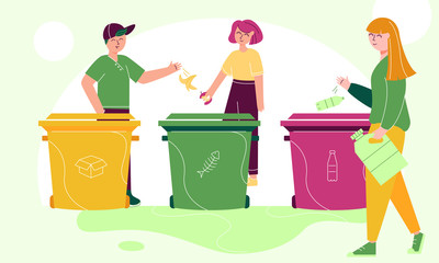 People sorting litter into paper, organic and plastic trash cans. Recyclable and non recyclable litter segregation. Junk reuse and utilization. Zero waste concept.  Ecology and pollution prevention.