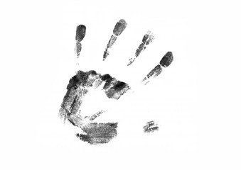 The black print of a human hand with fingers splayed. Hand print isolated on white background. 