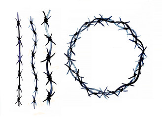 Crown of thorns from barbed wire hand drawn ink watercolor illustration. Collection for your design on white background