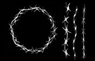 Crown of thorns from barbed wire hand drawn white ink watercolor illustration. Collection for your design on black background