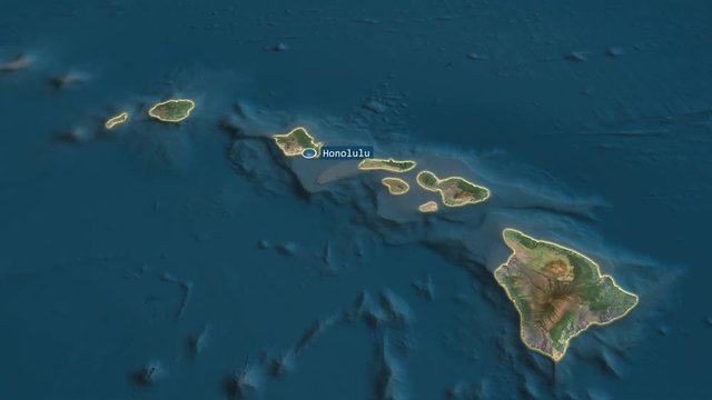 Hawaii - state of United States with its capital zoomed on the satellite map of the globe. Animation 3D