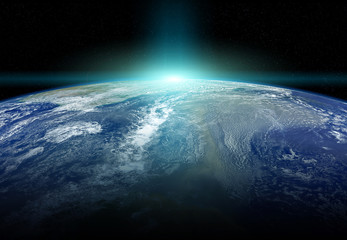 View of planet Earth close up with atmosphere during a sunrise 3D rendering elements of this image furnished by NASA