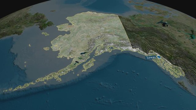 Alaska - state of United States with its capital zoomed on the satellite map of the globe. Animation 3D