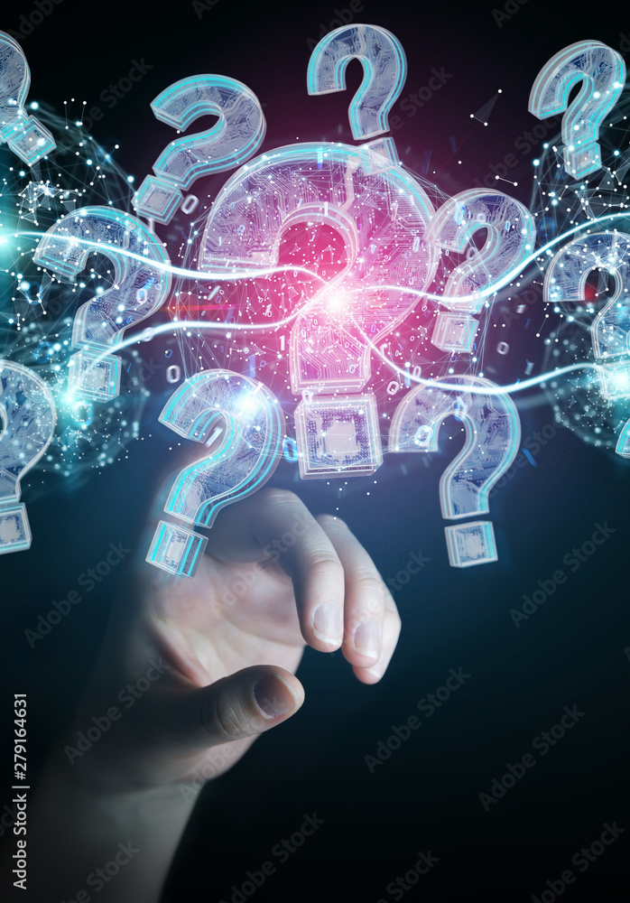 Aufkleber businesswoman solving problem with digital question marks 3d rendering