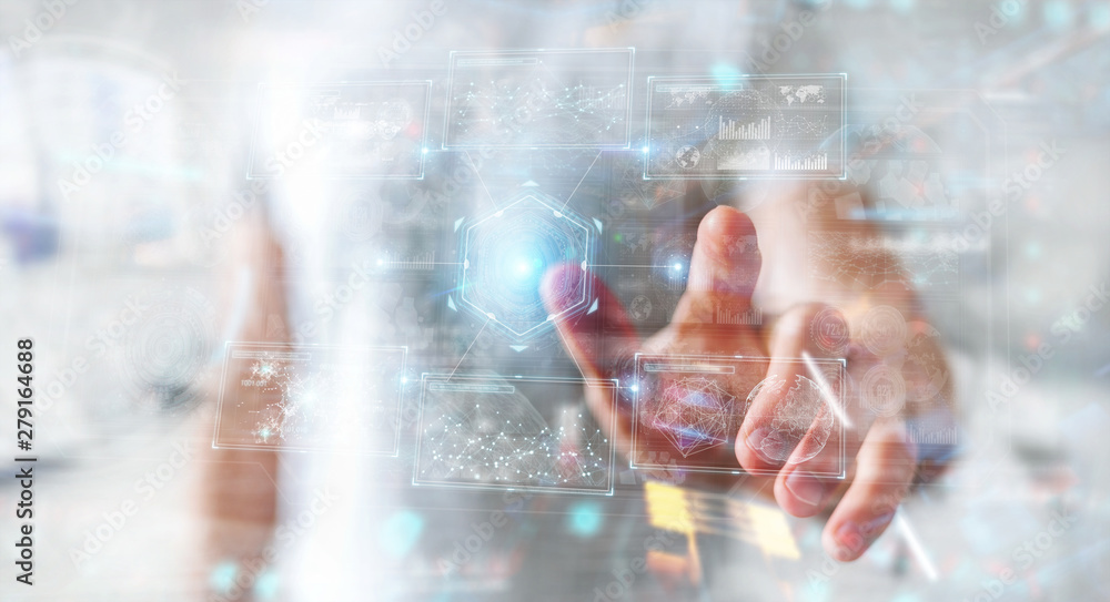 Poster Businessman using digital technological interface with datas 3D rendering