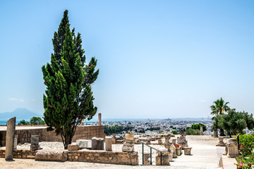 View of the ruins in the Museum of Carthage, the sea and the city. Tunisia.