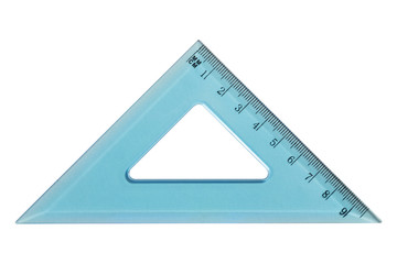 Blue plastic triangle ruler isolated on white