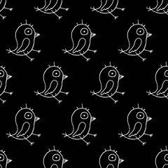 Cute cartoon bird pattern with hand drawn birds. Funny vector black and white bird pattern. Seamless monochrome doodle bird pattern for textile, wallpapers, wrapping paper, cards and web.