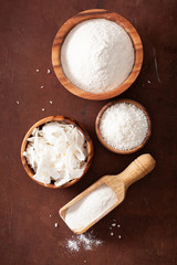 Fototapeta na wymiar coconut flour and flakes healthy ingredient for keto paleo diet