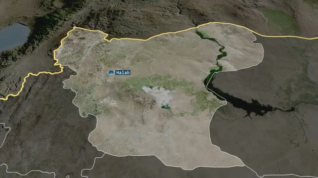 Aleppo - province of Syria with its capital zoomed on the satellite map of the globe. Animation 3D