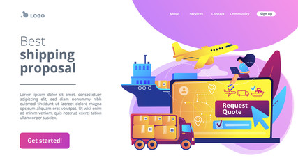 Customer choosing order delivery type, global distribution. Freight quote request, best shipping proposal, freight cost request form concept. Website homepage landing web page template.