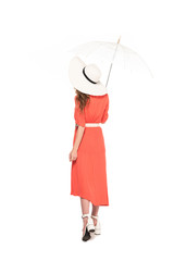 back view of elegant woman in hat and dress holding transparent umbrella isolated on white
